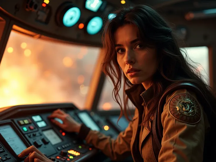 Cinematic shot of the Odyssey II as it is suddenly engulfed by a violent electromagnetic storm. Inside the cockpit, Captain Aria Lewis, a woman in her mid-30s with high cheekbones and a strong, oval face, long dark brown hair streaked with silver, slightly...