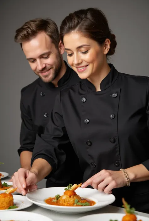 Imaginez un couple rayonnant et élégant, chacun vêtu dune veste de chef raffinée, avec des détails discrets qui reflètent leur goût pour la sophistication. La femme est gracieuse et charismatique, avec un regard pétillant qui témoigne de sa passion pour li...