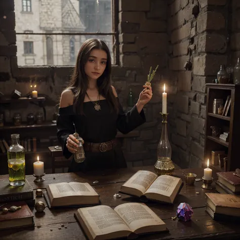 girl,  against the background of a bottle  ,Banks,  with various holy liquids ,  on the table in front of her there are candles  , old books different crystals, background workshop , old castle ,  everywhere dry herbs weigh , the web in the corner 