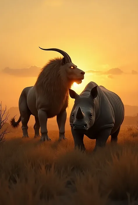 .

 A rhinoceros with greyish and thick skin stands next to an enormous muscular Chimera with big glowing eyes,  that has the head of a lion , goat body and snake tail .  Both are on a savanna with tall, dry grass at sunset .  The rhinoceros observes the C...