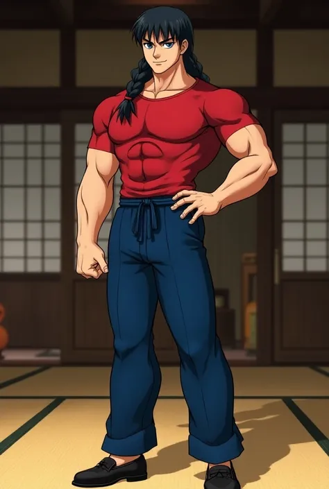  Ranma Saotome strong mature man anime smiling blue eyes black hair braided down t-shirt china red pants blue chino shoes black chinese, standing in the dojo full body anime style  