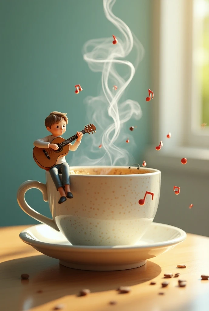 window showing a model of a coffee cup with a person sitting on the edge of the coffee cup playing the guitar smoke rising musical notes surrounding a table