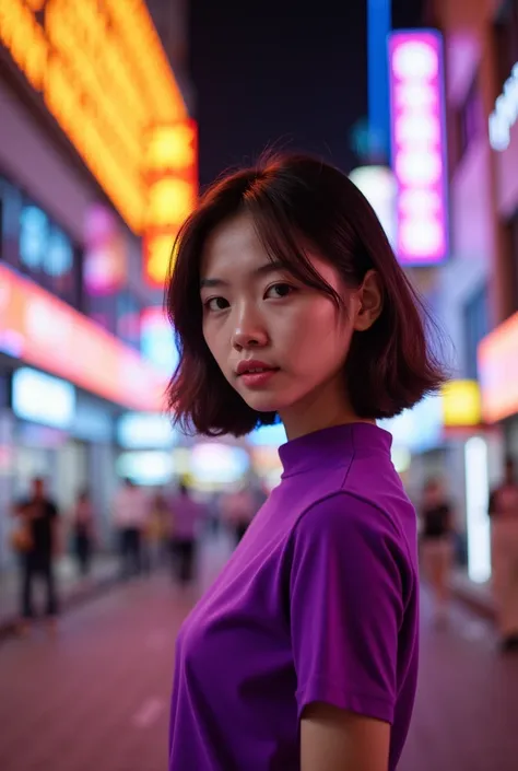 a girl in a purple top in a neon city, in the style of chinapunk, iconic album covers, soft-focus portraits, luke fildes, light amber and silver, exotic, captivating lighting --ar 1:2 --stylize 750 --v 6