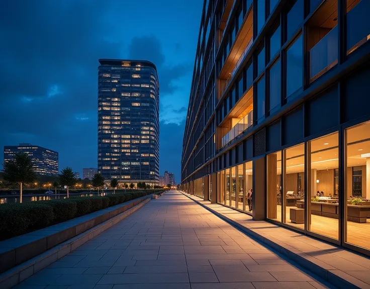 Sidewalk of a luxurious and modern building,  with no people on the street.night