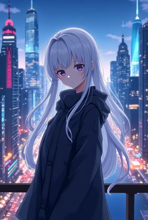 An anime tyanka with silver hair stands in front of the city