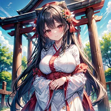 ((Best Quality)), ((masterpiece)), (  Details), ( super high definition)、Cute girl、 very young 、solo、
( long black hair 、Knot)、 super huge tits、 perfect face、超 Detailsな肌、(Perfect Fingers、Perfect hands)、 perfect body、
(Shrine maiden costume、Scarlet hakama、F...