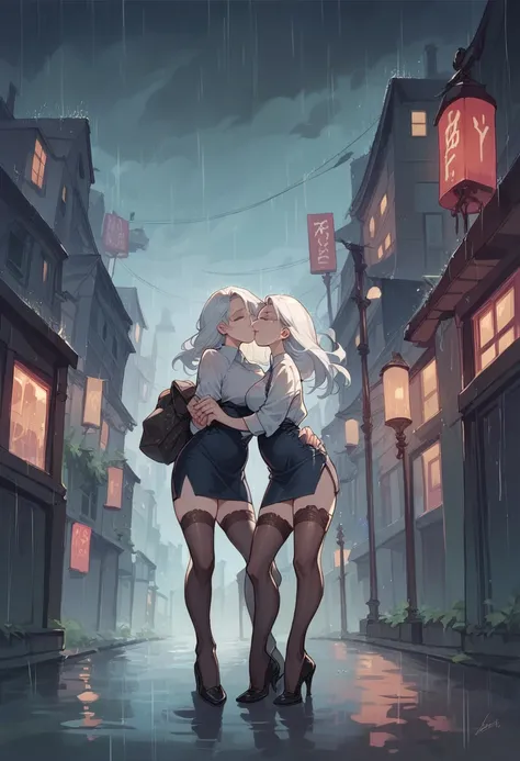 ,twins,white hair,stockings,mature female,rain,night city