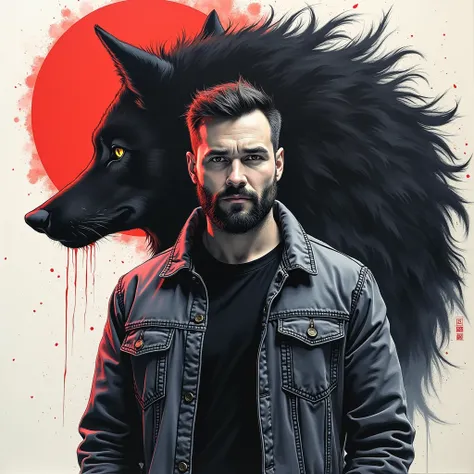 colourful ink painting of a 26 years age man wearing denim jacket, black shirt, round face, soft beard, short beard, ink painting, a big wolf spirit in the background, focus, dark theme, award winning ink painting, hd resolution, 4k