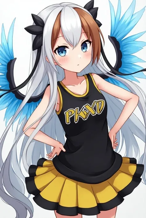 A anime with white and brown long hair wears black and yellow shirt writtin on it pkxd and a yellow and black skirt has blue wings 