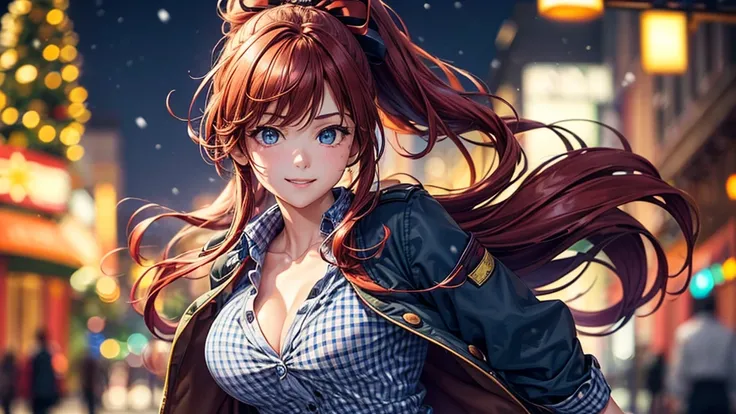 1girl, solo, christmas, ((christmas tree)), street, night, lights, snow, red hair, ponytail, large full breasts, button down, ((brown winter jacket)), dark blue eyes, ((blue checked shirt)), ((unbuttoned shirt)), (unbuttoning shirt), long skirt, smile, loo...