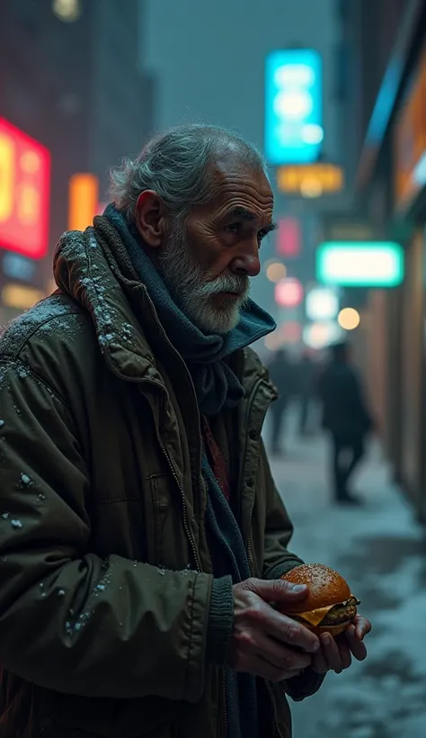 an old homeless man An old homeless man holds a moldy hamburger in his hand. on the streets of new york on a winter night