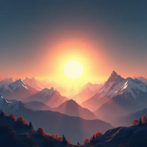 HD image, realistic horizon with shining sun and mountain