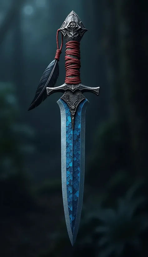 a tribal knife with a blade crafted from hardened blue dragon scales, its hilt made from a gnarled piece of oak wood wrapped in red sinew, a raven feather dangling from its pommel, highly detailed, intricate textures, realistic, photorealistic, ultra-detai...