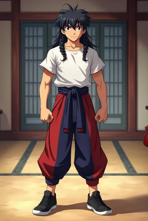 Ranma Saotome strong man anime smiling blue eyes black hair braided down t-shirt china red pants blue pants black chinese sneakers, standing in the dojo full body anime style  