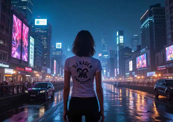 A stunning city skyline at night, with skyscrapers lit up by thousands of lights, a river reflecting the cityscape, futuristic graffiti 3D, and stars twinkling in the sky above.
beautiful women wearing a "DJ Kaden BR" t-shirt and tattoos. with several cars...