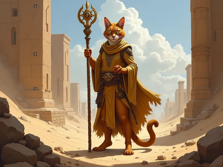 Anthropomorphic humanoid desert cat, Staff，Fantasy, Wizards of the Coast LLC