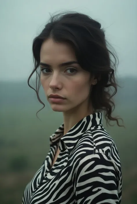 woman close up in the distance wearing a black and white zebra blouse