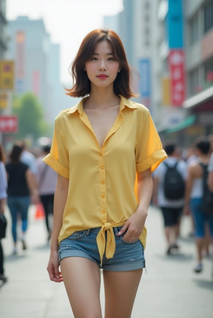 A 25 year old Korean girl, beautiful, sexy, well-proportioned body, beautiful, elegant face, short hair to the shoulder, she wears a light yellow short-sleeved shirt, full, plump breasts, low-cut, short shorts, sexy long legs, she is walking on the street....