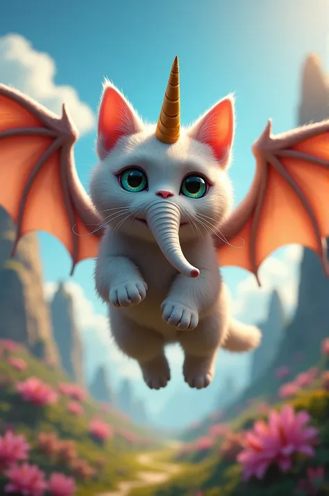 Cat With an Elephant Nose, Unicorn Wings and That Is Flying, realistic