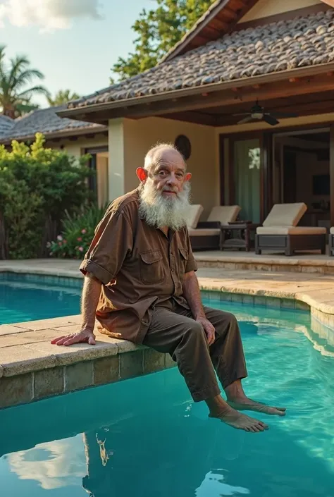 4k realistic style, an elderly dwarf man sitting on the edge of a swimming pool in a luxury house