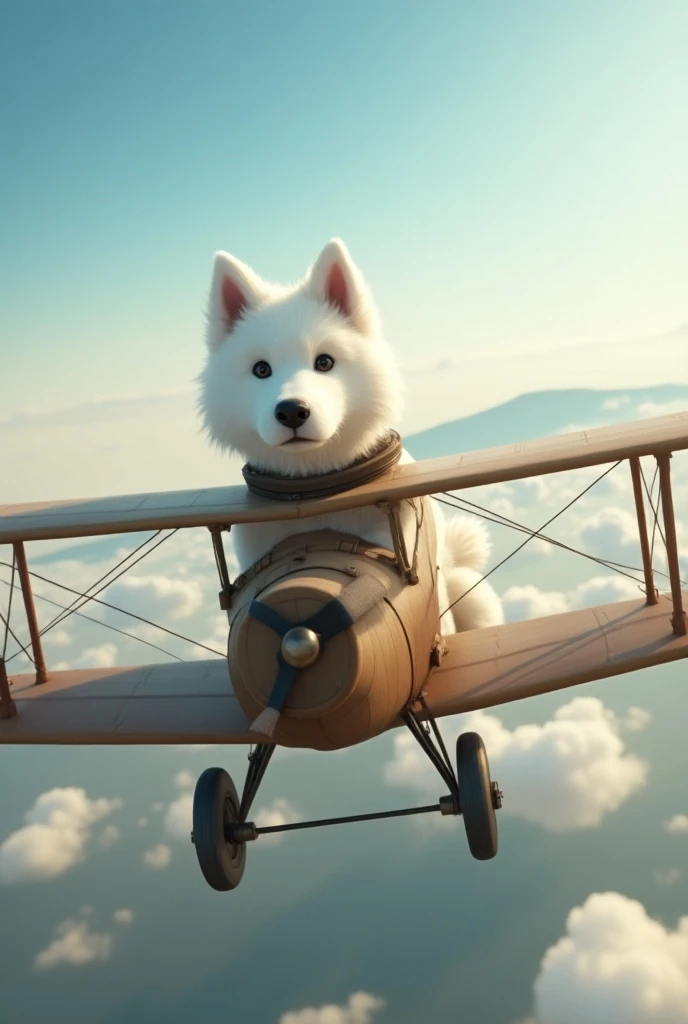 White dog breed flying a World War I plane
