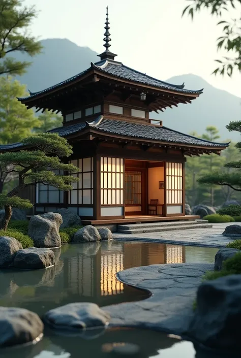 Create a highly detailed and realistic 3D rendering of a traditional Japanese wooden house with sliding shoji doors, a pagoda-style roof, and surrounded by a Zen garden with rocks and bonsai trees. The background should show a serene natural environment, p...