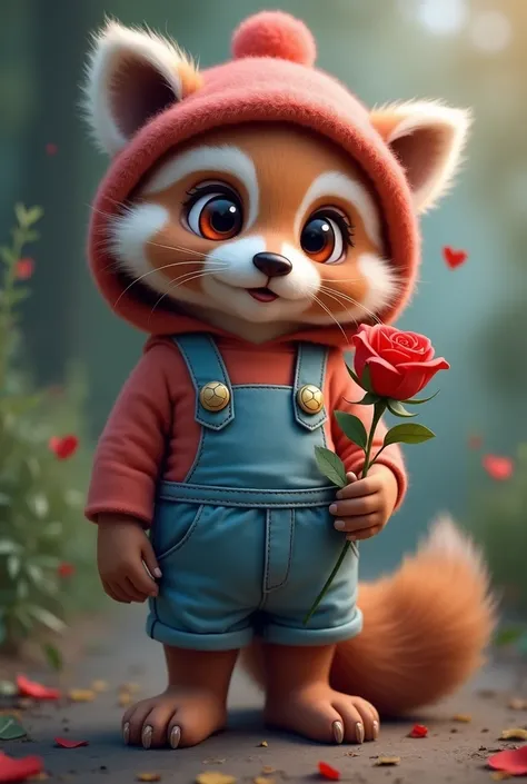 
A cute pink raccoon with big cute red eyes holding a red rose