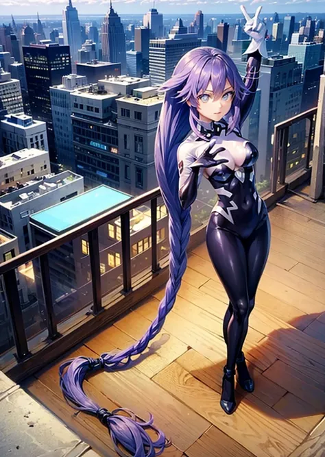 She is on a rooftop with her back ,  a very detailed New York cityscape in the background, Mirada Pícara by Pelo Morado,  very long hair , Making the Spider-Man gesture with his hands, Image to Backlight,  anime style