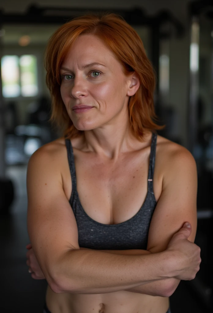 athletic beautiful mid 40s irish female wearing sports bra and shorts taking a break at home gym. Thick upper arms. Sweaty. photograph