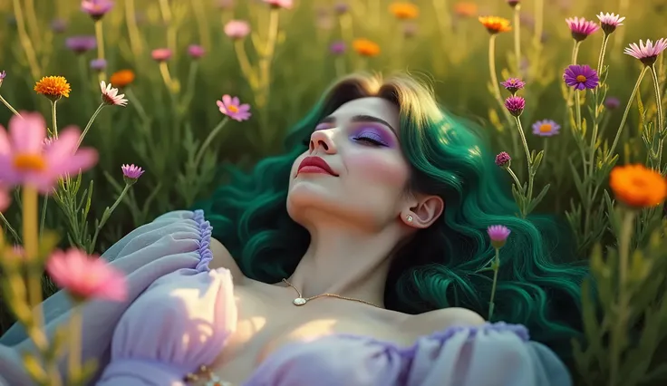 She lies in a field of wildflowers, the sun bathing the scene in a soft golden glow. The camera, positioned above her, captures the serene beauty of this moment. Dressed in light purple and green outfits that reflect her vibrant palette, the fabrics flow d...