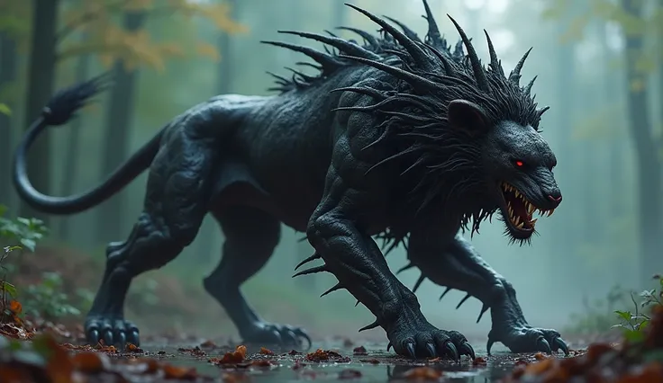  Create a hybrid creature with the body of a lion ,  but with the black and viscous texture of the symbiotic Venom . The lion has dark eyes , of an intense red,  and its mane is made of dark and grotesque tendons ,  as if it were meat in its claws are long...