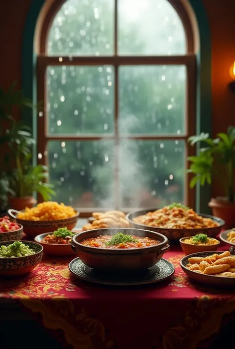 A table decorated with Mexican food ,  where a steaming Aztec soup stands out in the foreground and a rainy afternoon in the background.  The image must be as real as possible 