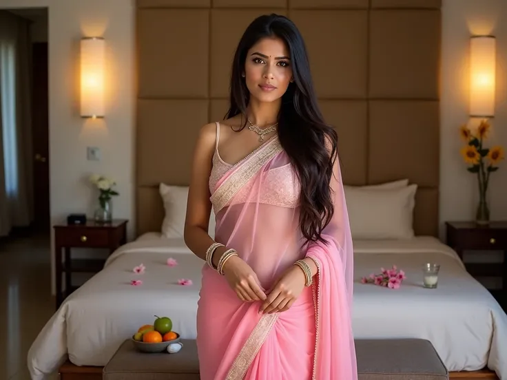 full body photo of an Indian woman ((30year old)), round face, long dark brown hair, brown eyes, beautiful eyebrows, long eye lashes, looking at viewer with a shy expression, (((wearing pink transparent saree, sleeveless blouse, the loose end of the saree ...