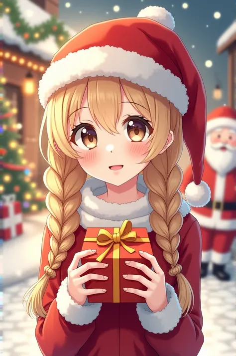 Anime illustration  with two braids and Christmas hat with a gift and Santa Claus costume Christmas background blonde hair 