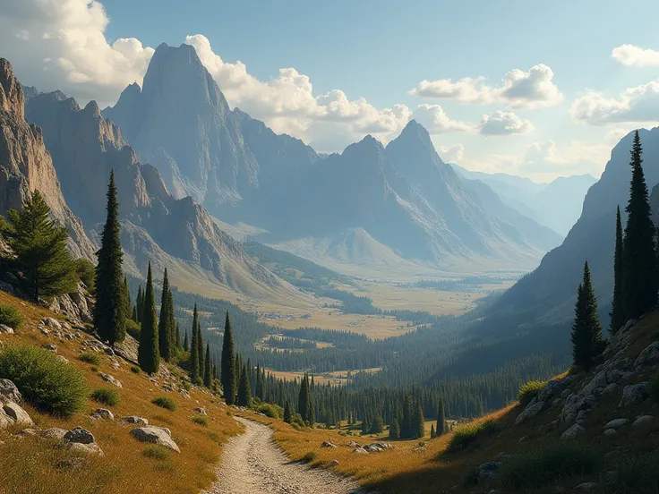 the roman empire landscape with epic mountains and trees