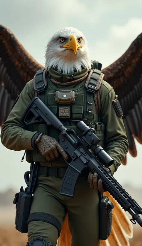 " A fierce eagle, dressed in military flight gear, standing tall on a battlefield, wings partially spread. His sharp eyes glow with determination as he holds a lightweight rifle designed for air combat..High detail,Ultra-realistic
