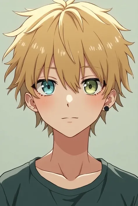 .
boy with blond hair and different colored eyes ( one eye blue and the other green ) , parts,  ear piercing , character portrait, anime .  wearing casual clothes .
