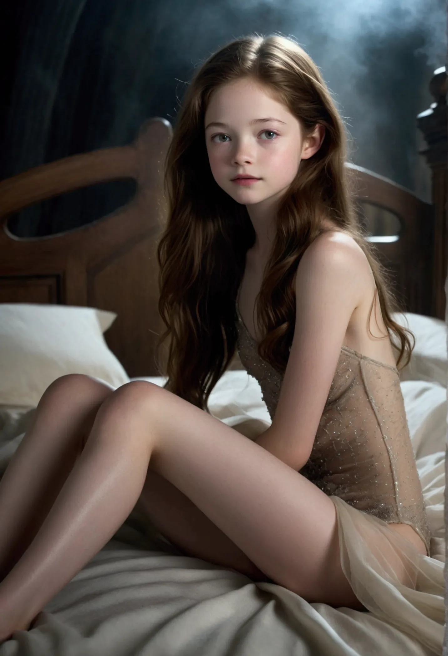 ((1 Mackenzie Foy woman lightbrown hair with spread legs)), lies naked on gothic bed, ethereal beautiful, close-up photo, (photo from many different angles:1.5) (dust, fog, mist:1.2) slim, soft light, night shot, moon, full body picture, naked, sensual, photo-realistic, detailed skin, 8k uhd, dslr, Fujifilm XT3, full body, in the ice, gothic castle, soft lighting, film grain, masterpiece, best quality, 16k, high quality, highres, award winning, masterpiece, textured skin, high details,nsfw