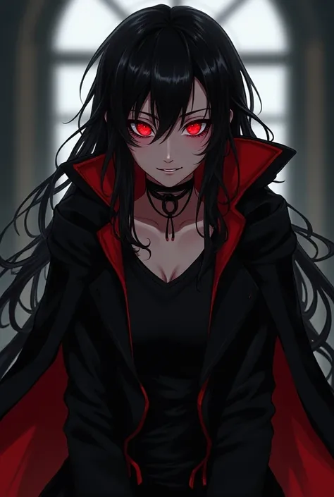 A villainous anime girl ,  evil smile,  black hair with red threads,  red eyes, black and red cloak, sneakers, college clothes 