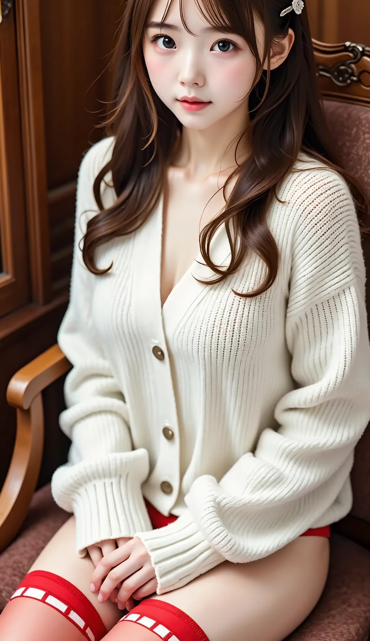 Best Quality、masterpiece、   one woman、shy:0.2、   insanely cute   、baby face、Beautiful grey eyes、Silky brown hair、   semi-long hair 、white long knit fabric   、   big size knitwear、   loose fitting knitwear   、long blade 、  small breasts、Shapely breasts、   H...