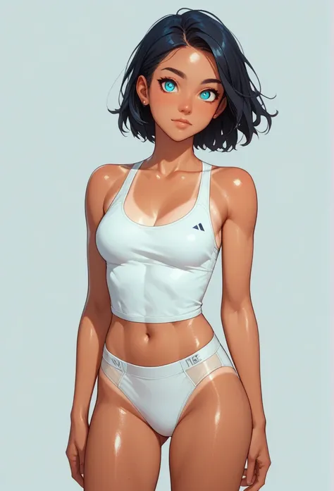 score_9, score_8_up, score_7_up,source_anime, high res image,masterpiece,best quality,girl,cute face,clear skin,shiny hair,ultra detailed eyes,simple background,  tanline,underwear