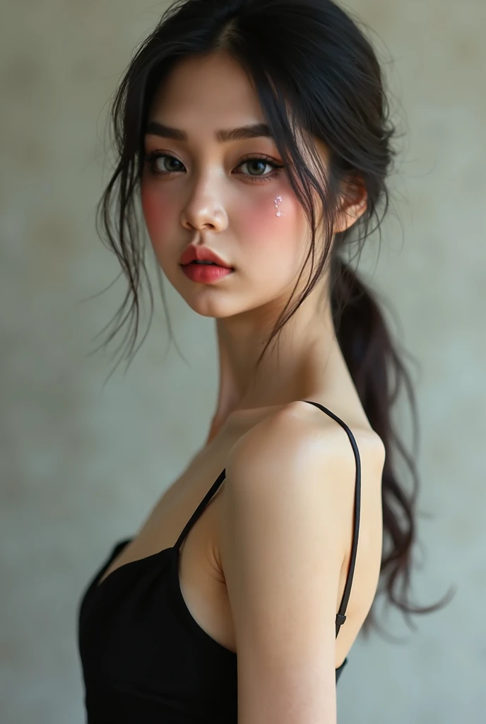 Beautiful Asian girl with freckles and black dress