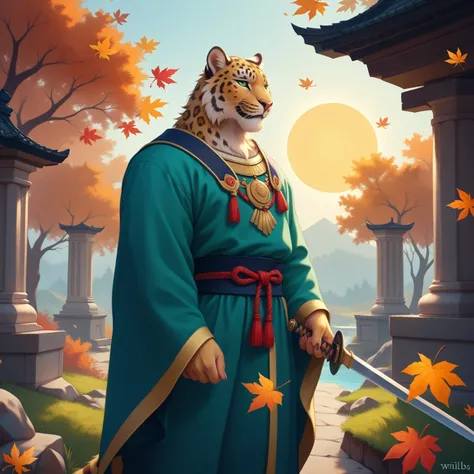 In a fantastical realm where mythical creatures and ancient traditions intertwine, a majestic leopard warrior stands poised for battle. Clad in a vibrant green robe adorned with intricate red and gold accents, the creature exudes an aura of strength and de...