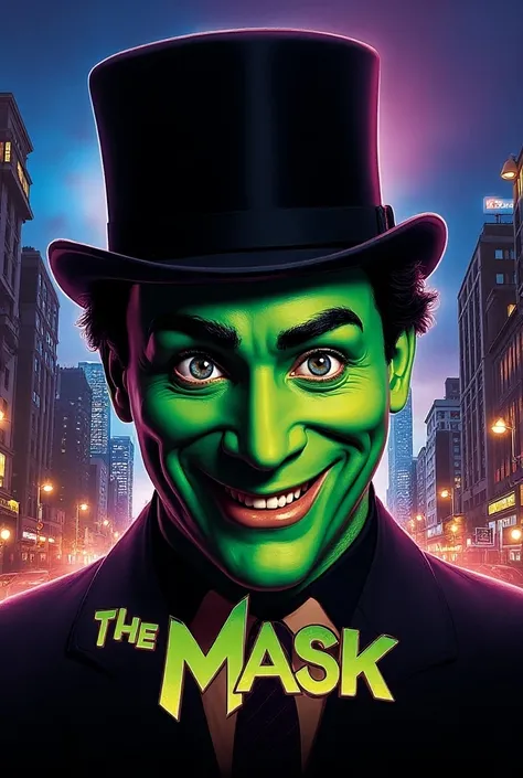 Make a poster with everything authentic from the movie the Jim Carrey mask that has the title of “the mask”