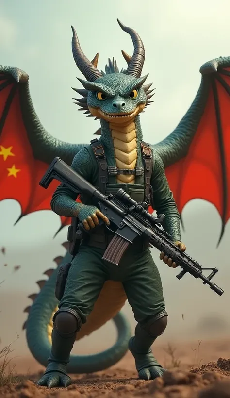 
Create an image of a fierce dragon dressed in military flight gear, standing tall on a battlefield with wings partially spread. Its sharp eyes glow with determination as it holds a lightweight rifle designed for air combat. The uniform prominently display...