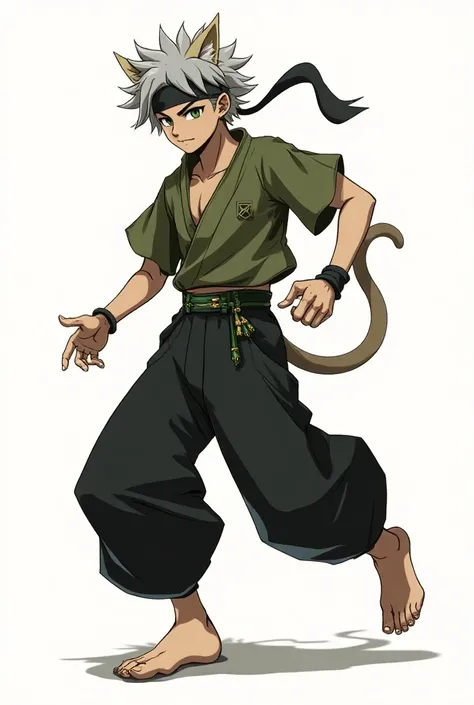 Full body frames , manga style, Where are men , Half human and half male feline,  with short and messy gray hair , green eyes and closed ,  of thin and strong physical size ,  calm face and confident smile,  wearing a wide olive green shirt with a black gr...