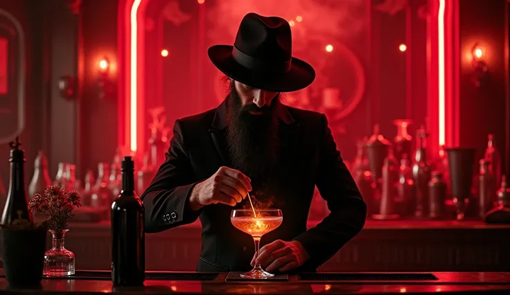 A stunning handsome and mysterious bartender, wears a long beard and hat, dresses elegantly all in black, like a rockstar, prepares incredible exotic drinks with fire, smoke and other tricks in the environment It is dark, between shadows and red neon light...