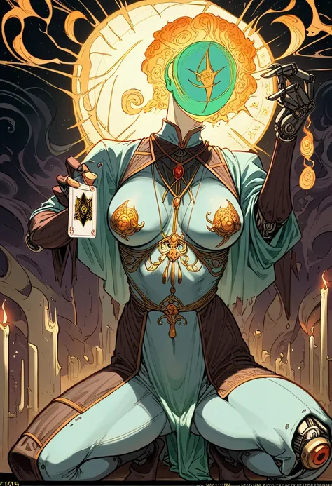 A black and gold tarot card，A high resolution, create a scene that depicts a modern-day witch who has embraced the world of cybernetics to enhance her magical abilities. The artwork should convey the enchanting blend of traditional witchcraft and futuristi...