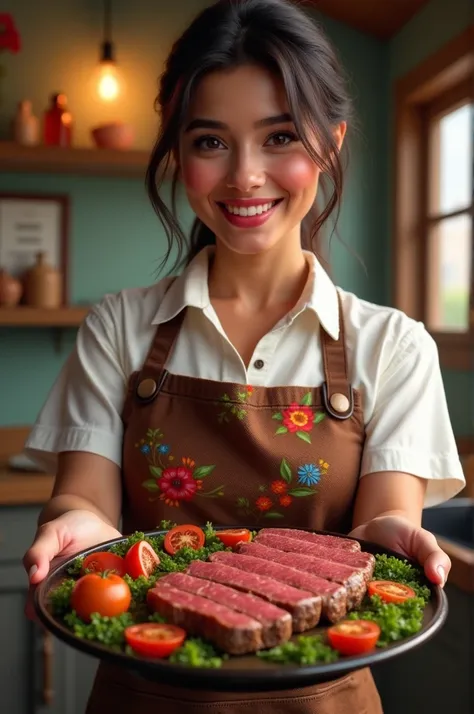 Latina girl in apron serving steak 