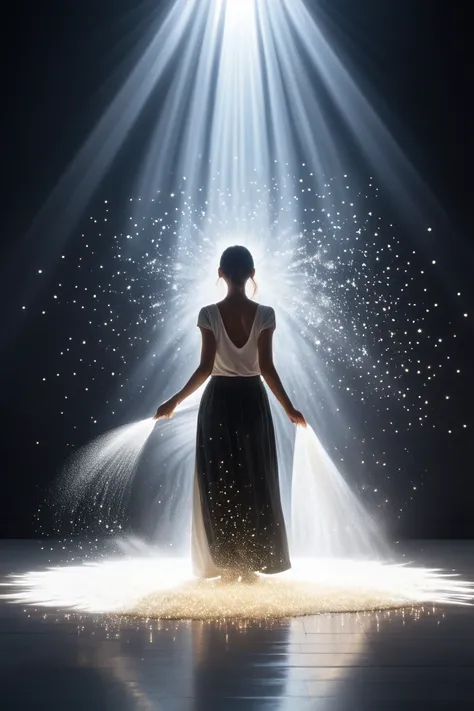 "A person dressed in casual, dark clothing of the current style, with some parts faded to shades of white, indicating wear and transition. She is cleaning a calm and serene environment, surrounded by a soft, radiant light emanating from her body, symbolizi...